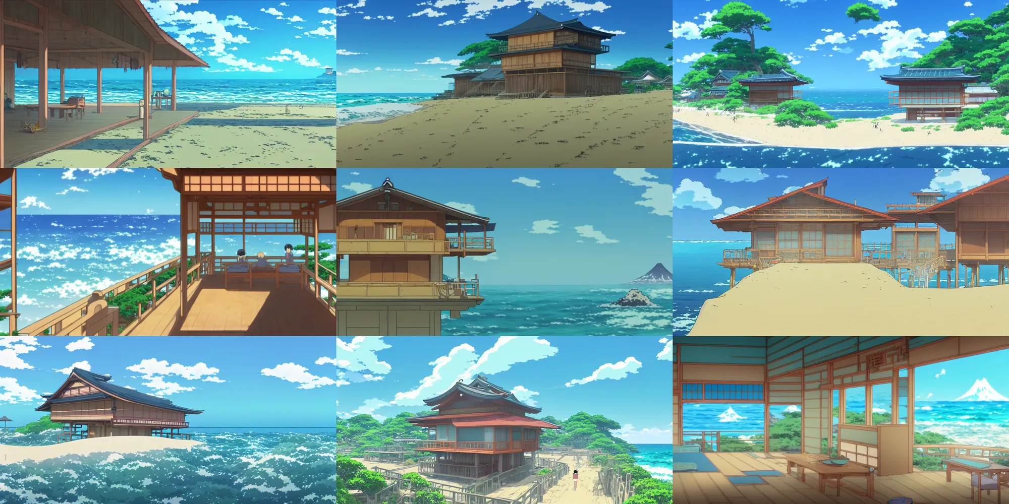 Prompt: a japanese beach house near the ocean, screenshot from the anime film by Makoto Shinkai and studio ghibli