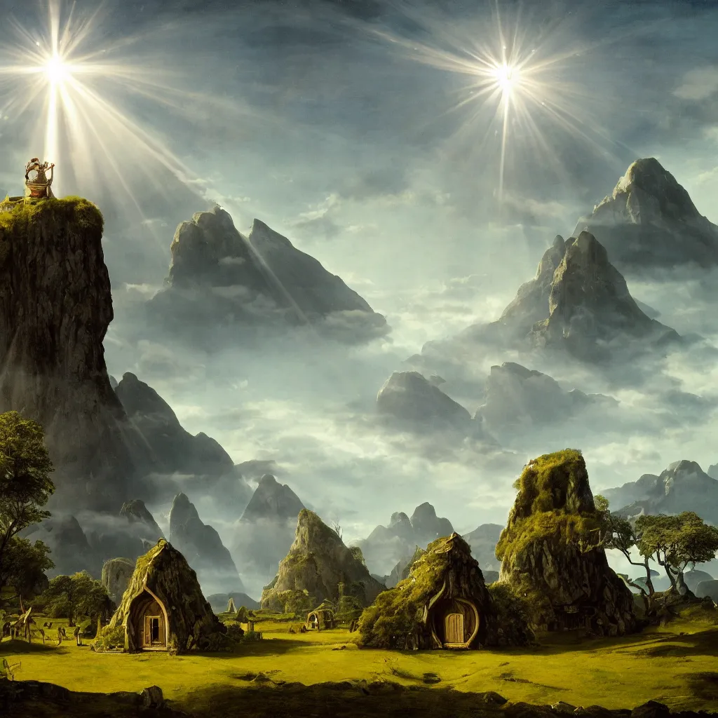 Image similar to a large single monolith with a hobbit house on top in the middle of a wide open field from a distance with mountains in the background and god rays shining through the coulds on the monolith, epic, cinematic, walton ford, jan van eyck, walton ford, fine details, high contrast