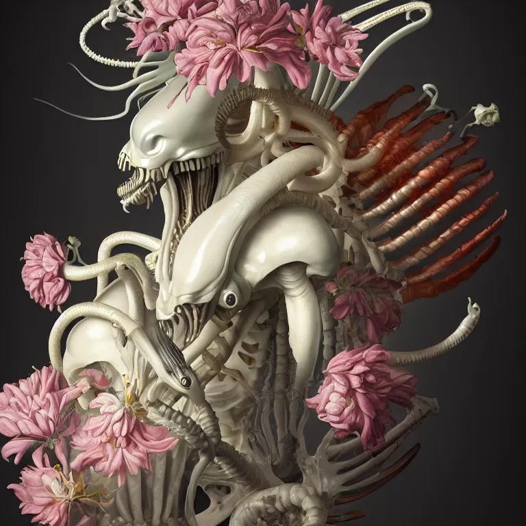 Prompt: still life of white xenomorph, beautiful pastel color tropical flowers, metallic human spine, colorful mold, baroque painting, beautiful detailed intricate insanely detailed octane render, 8K artistic photography, photorealistic, chiaroscuro, Raphael, Caravaggio