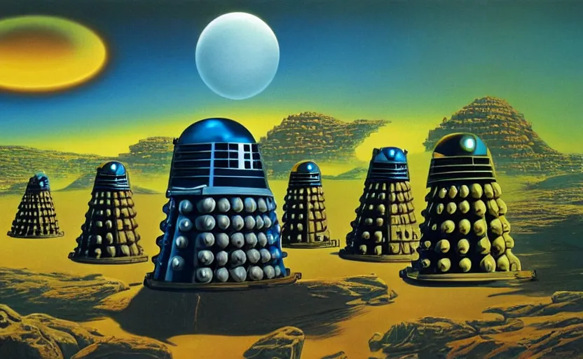 Image similar to daleks in the time vortex, beautiful retro art, no blur, 4 k resolution, ultra detailed, roger dean,