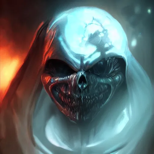 Image similar to photorealistic dark fantasy concept art of nightmare sans with his eye glowing, dynamic lighting, stunning visuals, ray tracing, beautiful scenery, cinematic, full body portrait, ultra detailed, hyper detail, stunning detail