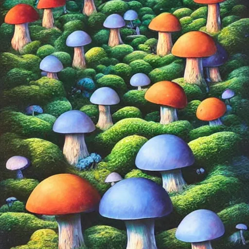 Image similar to blue glowing mushroom houses in a forest village, mushroom architecture, art by ricardo bofill, james christensen, rob gonsalves, paul lehr, leonid afremov and tim white