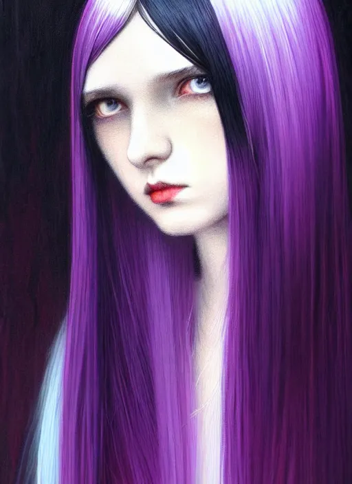 Image similar to hair blackbangs hair, white hair, blackbangswhitehair, portrait of teenage girl with black bangs, red irises, purple clothes, black bangs, bangs are white hair is black, intricate, elegant, glowing lights, highly detailed, digital painting, artstation, concept art, sharp focus, illustration, art by wlop, mars ravelo and greg rutkowski