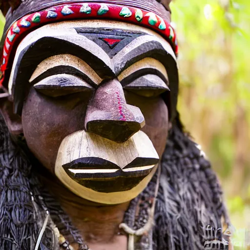 Image similar to aztec man wearing a wooden tribal mask, tribe photography