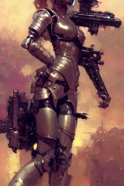 Image similar to futuristic women with medieval armor dynamic poses, holding a gun, detail, beautifull face, no blur, painting by gaston bussiere, craig mullins, greg rutkowski, yoji shinkawa, sorayama