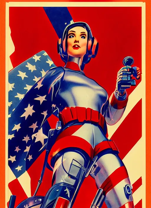 Prompt: patriotic american propaganda poster. cyberpunk female supersoldier. portrait by jean giraud and anton otto fischer and john philip falter and will eisner and gil elvgren and pixar. realistic proportions. character art. science fiction d & d. tf 2, overwatch, rb 6 s, cyberpunk 2 0 7 7, blade runner 2 0 4 9.