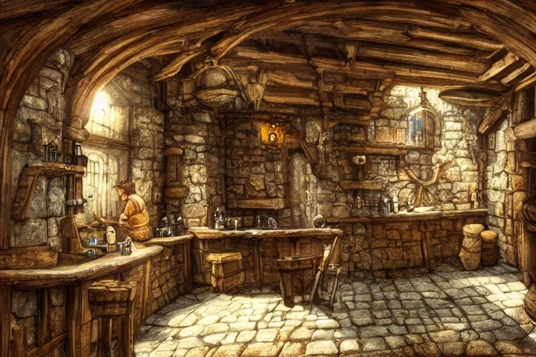 Image similar to A tiny medieval tavern viewed from the inside, texture, intricate, details, highly detailed, masterpiece, architecture, building, trending on artstation, focus, sharp focus, concept art, digital painting, fantasy, sunny, day, midday