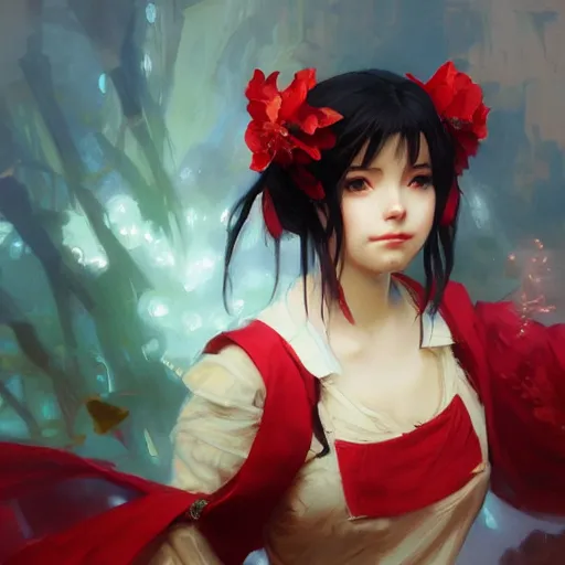 Image similar to a portrait painting of reimu hakurei, by greg rutkowski, artgerm, wlop, ruan jia, krenz cushart, alphonse mucha, marble, gold, unreal engine 5