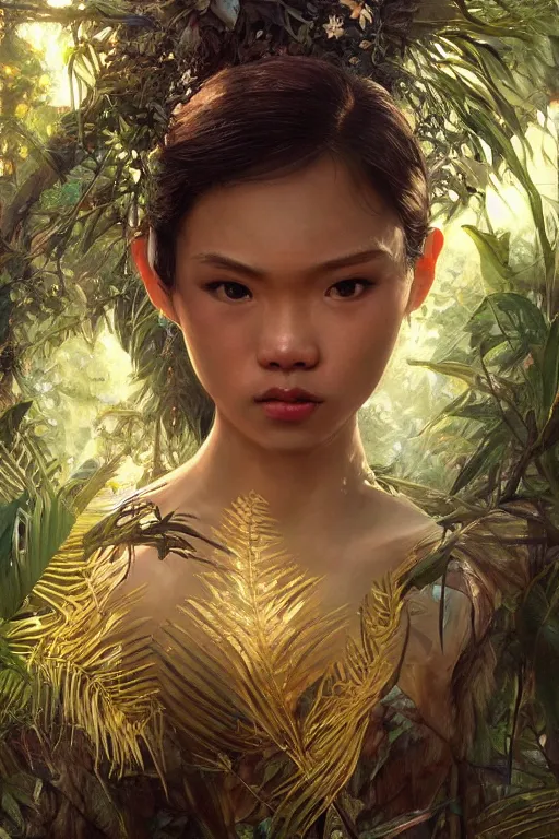 Image similar to stunningly beautiful, filipina prima ballerina in jungle, symmetrical face, golden hour, smooth, focus, highly detailed, hyper realistic, dramatic lighting, elegant, intricate, concept art, low angle, art by wlop, mars ravelo, greg rutowski, artstation