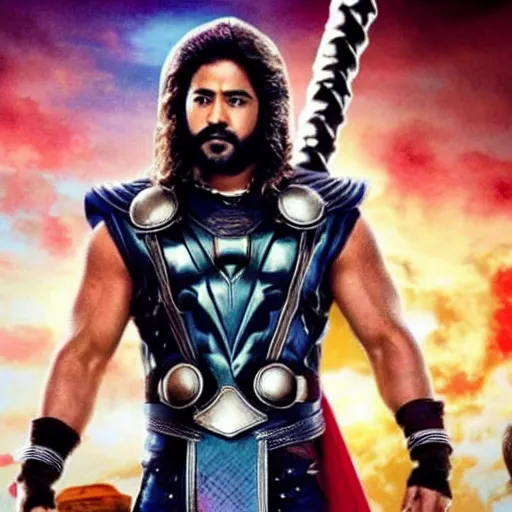 Image similar to film still of rocking star yash as thor in thor ragnarok