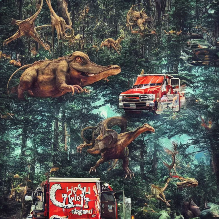 Image similar to photo, hyper detailed, neanderthal people, first contact with aliens!, eating sushi, surrounded by dinosaurs!, gigantic forest trees, sitting on rocks, bright moon, ice! cream! truck!