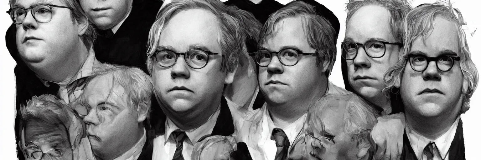 Image similar to character study of todd solondz and philip seymour hoffman and paul dano, 2 0 2 2, clear faces, emotional, character sheet, fine details, concept design, contrast, kim jung gi, pixar and da vinci, trending on artstation, 8 k, full body and head, turnaround, front view, back view, ultra wide angle