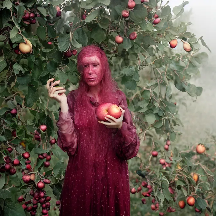 Image similar to a closeup portrait of a woman wearing hagfish slime, picking pomegranates from a tree in an orchard, foggy, moody, photograph, by vincent desiderio, canon eos c 3 0 0, ƒ 1. 8, 3 5 mm, 8 k, medium - format print