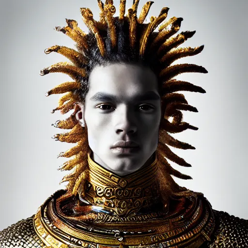 Prompt: a portrait of a beautiful young atlantean male wearing an alexander mcqueen armor , photographed by andrew thomas huang, artistic