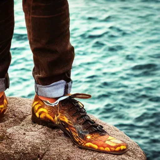 Image similar to ultra detailed photo, man wearing shoes made out of fish