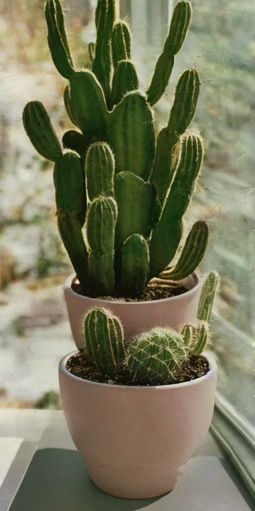 Prompt: 1980s magazine photo of potted cactus inside a ceramic pot with a face on it, next to a window with dappled natural light, smoky