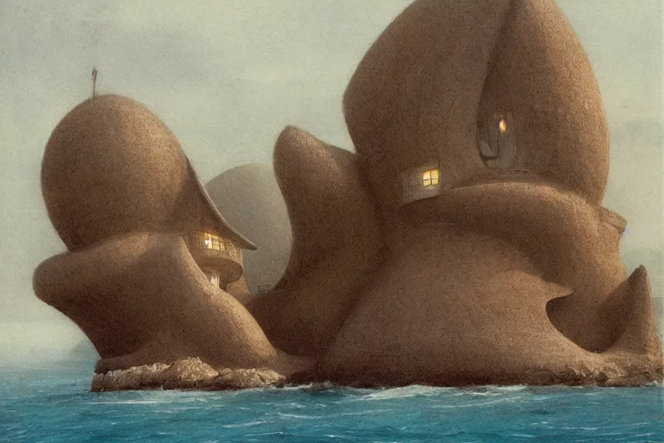 Prompt: giant seashell shaped house where a lone fisherman lives, in the style of john harris and moebius