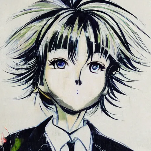 Image similar to Oil portrait with rough strokes in three quarter angle of a manga girl with white hair and black eyes wearing office suit in the style of Yoshitaka Amano drawn with expressive brush strokes and with the abstract floral black and white pattern in the background