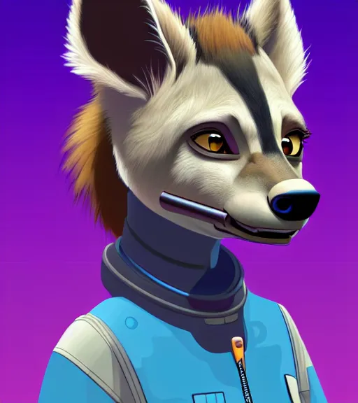 Image similar to digital detailed portrait of anthromorphic female hyena, in style of zootopia, fursona, furry, furaffinity, 4 k, deviantart, wearing astronaut outfit, in style of disney zootopia, floating in space, space background, in deep space, dark background, hyena fursona, cyberpunk, female, detailed face,