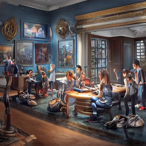 Prompt: a modern school reception, realistic, sharp focus, 8 k high definition, insanely detailed, intricate, elegant, art by stanley lau and artgerm