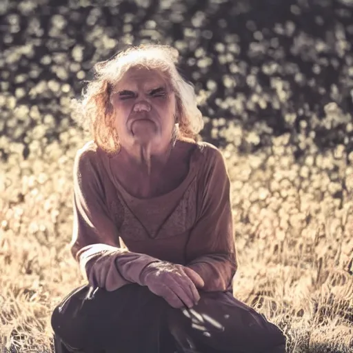 Prompt: woman sits sunlit dried caked bleached