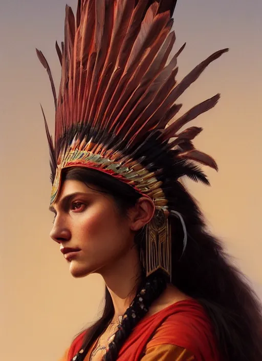 Image similar to gorgeous redskin woman wearing headdress, intricate, elegant, highly detailed, artstation, concept art, smooth, sharp focus, illustration, art by greg rutkowski and stefan kostic and bouguereau