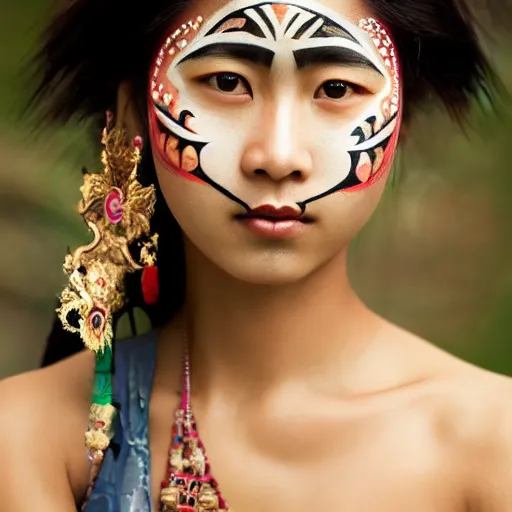 Prompt: portrait of a stunningly beautiful asian tribal female, small amount of traditional facepainting, depth of field, zeiss lens, detailed, symmetrical, centered, fashion photoshoot, by alphonse mucha, Annie Leibovitz and Steve McCurry, David Lazar, Jimmy Nelsson, Breathtaking, 8k resolution, extremely detailed, beautiful, establishing shot, artistic, hyperrealistic, beautiful face, octane render