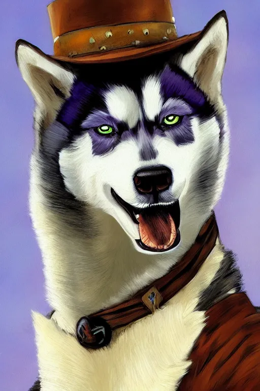 Prompt: a portrait painting of a husky in cowboy costume, a fistful of dollars, character design, anime, furry, humanoid, personify, anthropomorphic