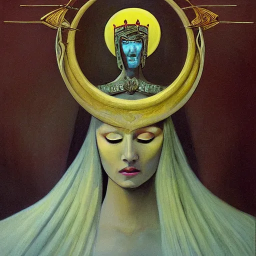 Image similar to Artemixel, the modern reincarnation of the old selenium god of hunt and moon (Selene), also known as Artemis, carrying the crown of the crescent moon. Golden bow and arrows surround her, and she is crowned by a bright and slightly bluish crescent like the brightness of the night. Portrait by Zdzislaw Beksinski, oil on canvas.