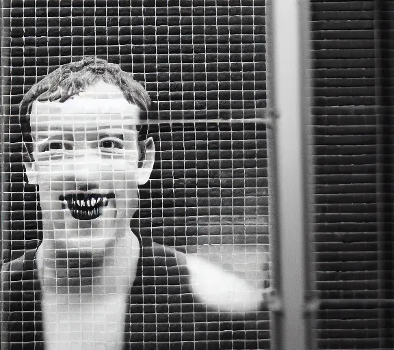 Prompt: Joachim Brohm photo of 'mark zuckerberg as joker laughing behind jail bars', high contrast, high exposure photo, monochrome, DLSR, grainy, close up