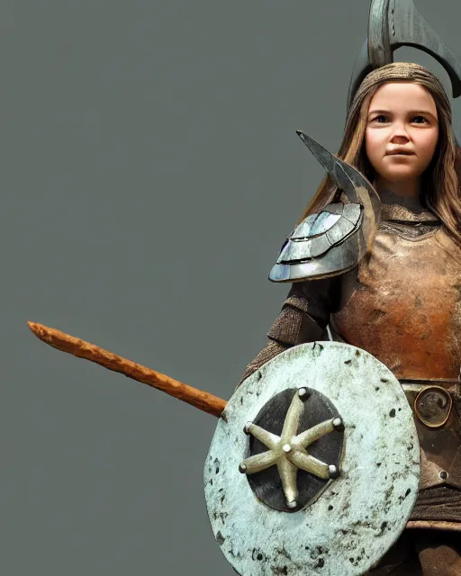 Image similar to a toy of a viking girl with her shield raised to defend, pixar style, authentic viking armor, historically accurate, clean detail, symmetrical, octane render, studio lighting