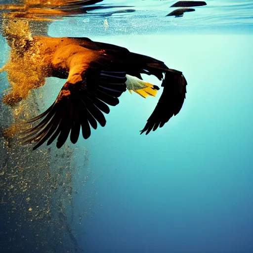 Image similar to photograph of a blue eagle diving into the ocean, shot from underwater