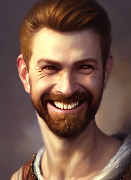 Image similar to a _ fantasy _ style _ portrait _ painting _ of white male short fringe light brown hair short face grinning, rpg dnd oil _ painting _ unreal _ 5 _ daz. _ rpg _ portrait _ extremely _ detailed _ artgerm _ greg _ rutkowski _ greg