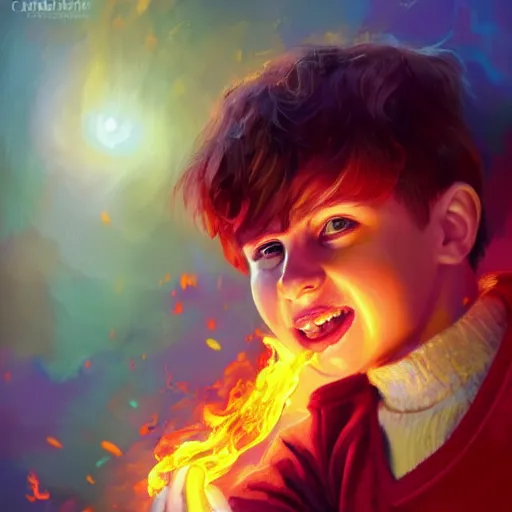 Image similar to colorful and festive captivating young child boy, brown fluffy hair, wearing red and yellow clothes, shooting a fire ball out of his fist. full body, rich vivid colors, ambient lighting, dynamic lighting, 4 k, atmospheric lighting, painted, intricate, highly detailed by charlie bowater