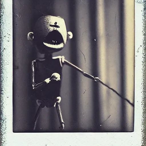 Image similar to alive, creepy marionette puppet, leaping towards viewer, horrific, unnerving, clockwork horror, pediophobia, lost photograph, dark, forgotten, final photo found before disaster, polaroid,