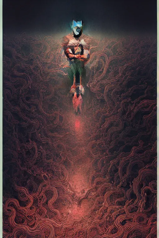 Image similar to zhongyuan festival, chinese ghost festival, king of hell, inside page of comic book, psychedelic lights and fog, in the style of zdzislaw beksinski, ayami kojima, takato yamamoto, barclay shaw, karol bak, glowing light and shadow, hyperrealist