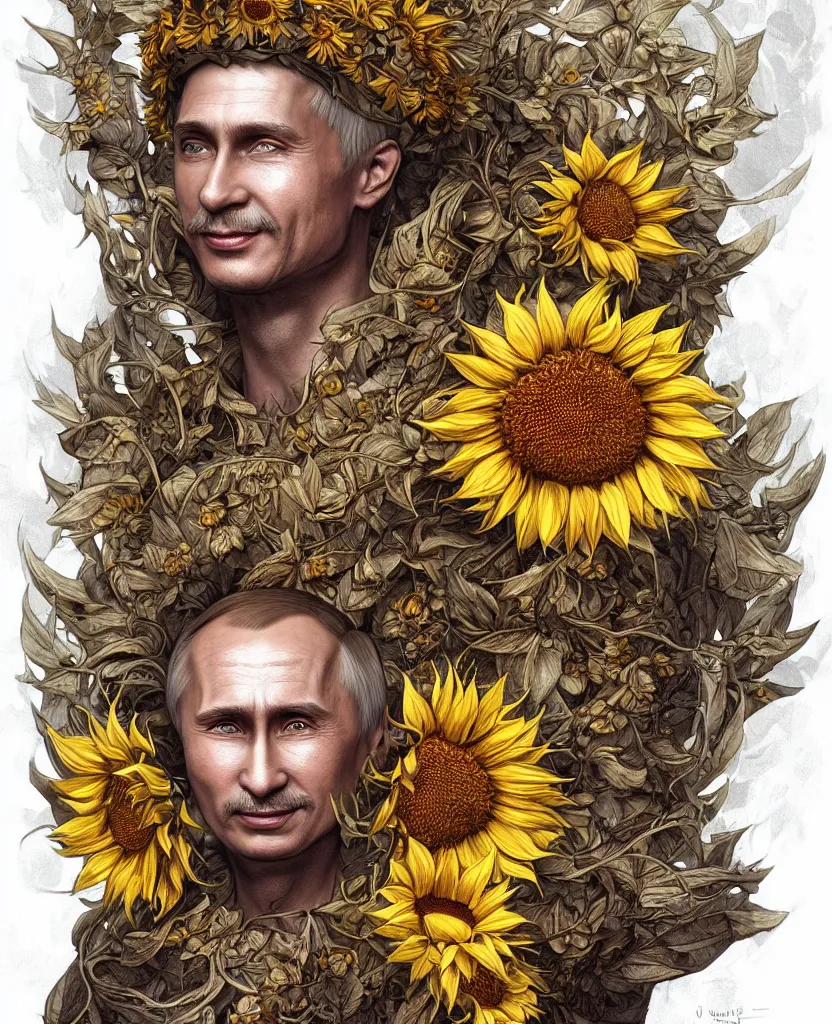 Image similar to digital art, centered full body of young any old Putin smiling king, Sunflower crown, ,intricate, veins, by James Jean and by artgerm , by ross tran ultradetailed, charachter design, concept art, trending on artstation,