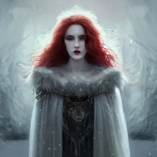 Prompt: a portrait of a ice queen with long dark curly red hair, stoic, pale skin, alone, white eyes, dramatic, epic painting, painting by wlop, nixeu and sakimichan, cgsociety, roses, wolf, crows beautiful, artbreeder, artstation, octane render, sharpness, 8 k, golden ratio