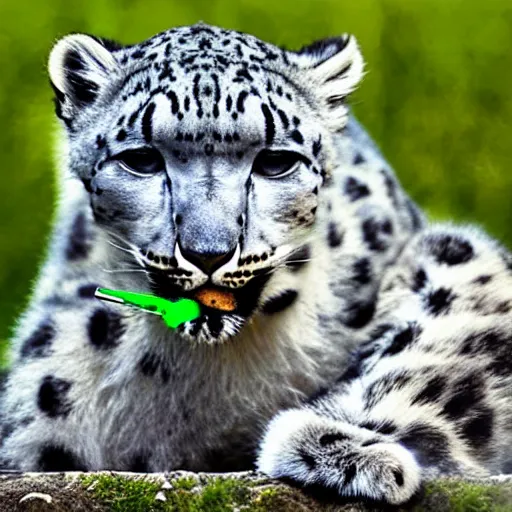 Prompt: Snow leopard smoking weed