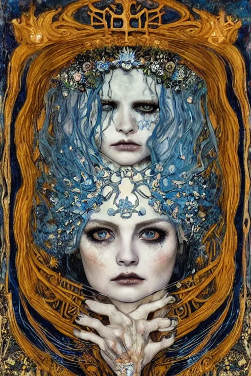 Prompt: The Princess of Bones by Karol Bak, Jean Deville, Gustav Klimt, and Vincent Van Gogh, portrait of a porcelain princess wearing a crown, porcelain ball-joint doll face with blue painted tattoos, pale blue eyes, mystic eye, otherworldly, crown made of bones, ornate jeweled crown, skulls, fractal structures, arcane, inscribed runes, infernal relics, ornate gilded medieval icon, third eye, spirals