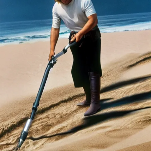 Prompt: Luke Skywalker vacuuming the beach to remove sand, ultra realistic, professional photo, 8k, Mark Hamill face,