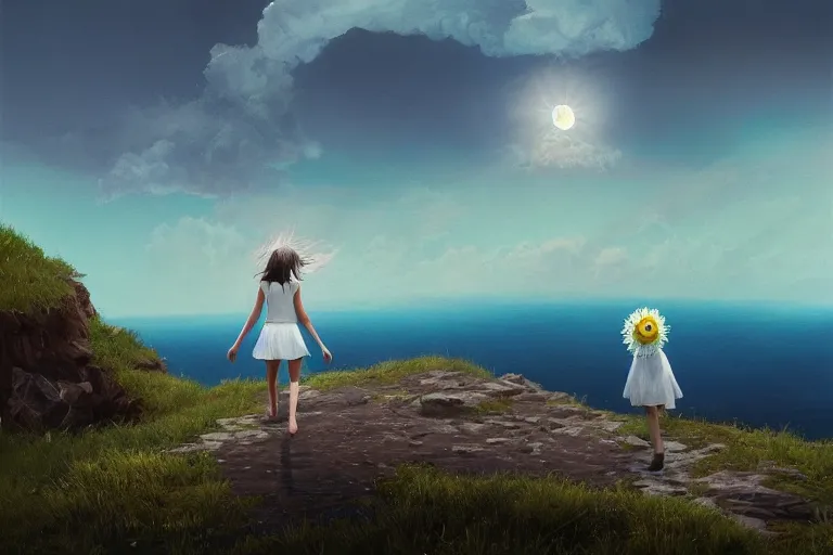 Image similar to giant white daisy flower head, girl walking on cliff, surreal photography, solar eclipse, milky way, dramatic light, impressionist painting, clouds, digital painting, artstation, simon stalenhag