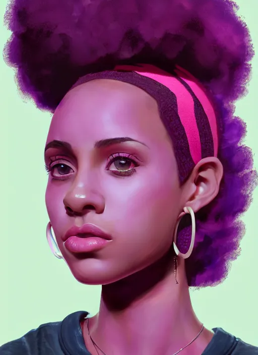 Image similar to portrait of teenage vanessa morgan with bright pink hair, black girl, curly pixie cut hair, wearing a purple breton cap, breton cap, hoop earrings, intricate, elegant, glowing lights, highly detailed, digital painting, artstation, concept art, smooth, sharp focus, illustration, art by wlop, mars ravelo and greg rutkowski