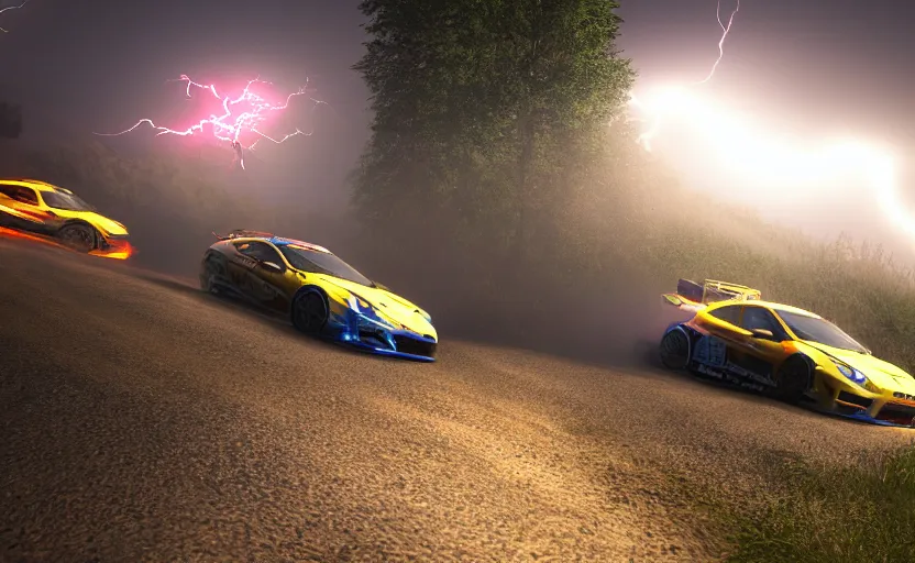 Prompt: highly detailed, high resolution, downhill race at night, jdm cars, stunning, volumetric lightning, realistic cars, rendered in unreal engine, vibrant colors, sharp focus, 150mm, screenshot from assetto corsa, realistic human anatomy