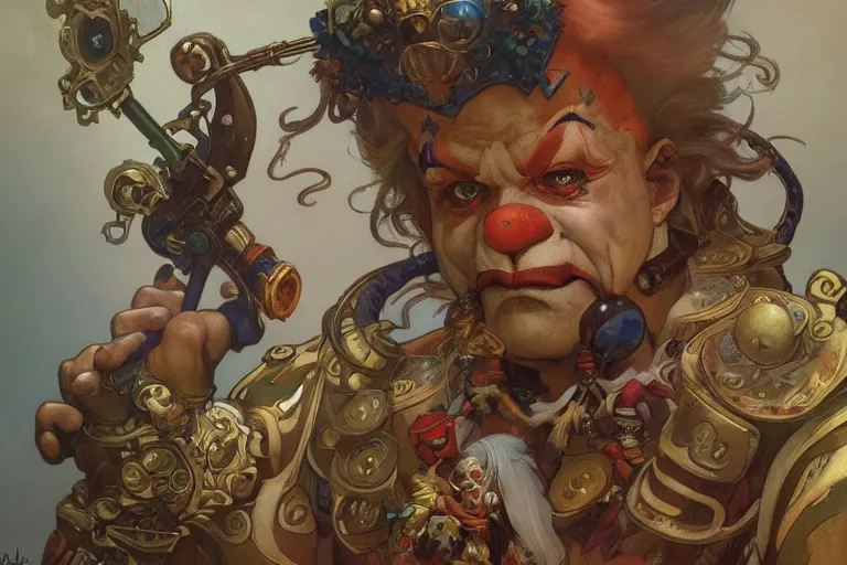 Image similar to full portrait of warhammer 4 0 clown, fantasy, detailed, by alphonse mucha, adolfo hohenstein, alice russell glenny, stanley artgerm lau, greg rutkowski, detailed, trending on artstation, trending on artstation, smooth