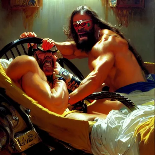 Image similar to macho man randy savage ring gear is in his bed, nervous and terrified, because lex lugar in a wheel chair is attacking him. highly detailed painting by gaston bussiere, j. c. leyendecker, greg rutkowski, craig mullins 8 k