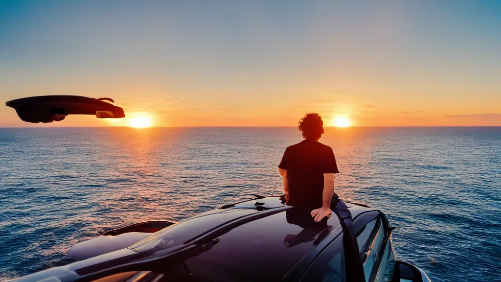 Prompt: a movie still of a man sitting on the roof of a car while driving through the ocean at sunset, golden hour