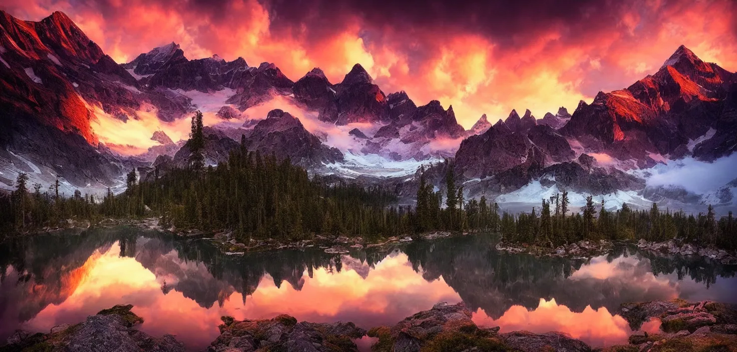 Image similar to amazing landscape photo of mountains with lake in sunset by marc adamus, beautiful dramatic lighting