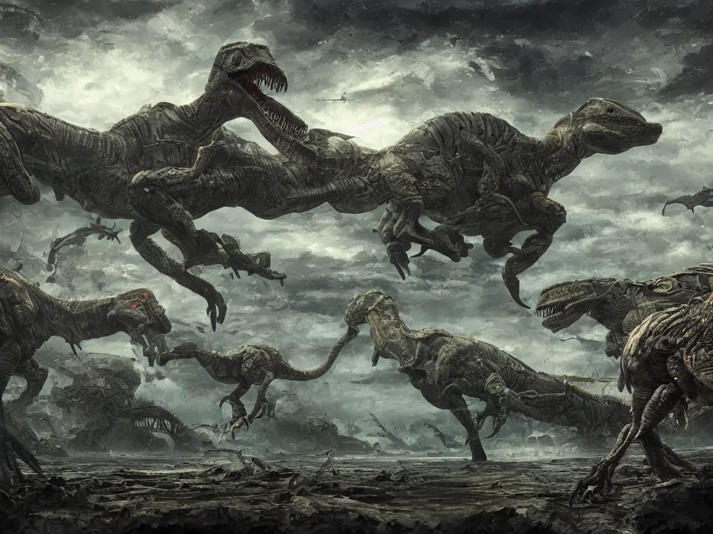 Prompt: A hyperrealistic illustration of a cyborg dinosaur battle in a strange landscape with a toxic steaming lake, by Enki Bilal, Anato Finnstark, award-winning, masterpiece, extreme detail, sharp focus