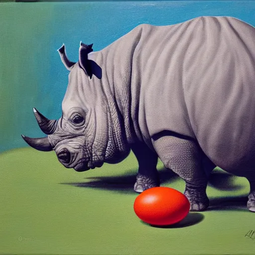 Image similar to oil on canvas of, rhinoceros hatching from an egg in hawaii